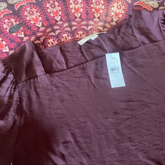 NWT LOFT Square Neck Lightweight Blouse New Shirt Maroon Purple Pink Longsleeve - Picture 8 of 8